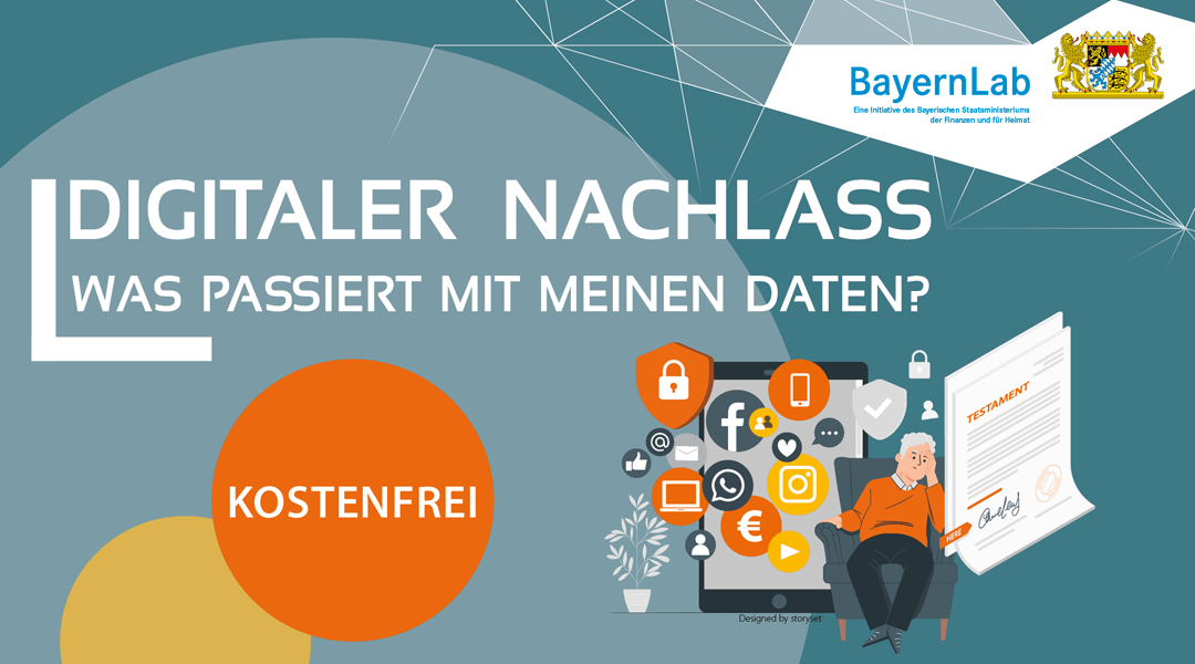 Vor grauem Hintergrund eine Grafik mit einem Mann auf einem Sessel, der auf ein Testament schaut. Viele kleine Symbole zu digitalen Themen schwirren um ihn herum. 