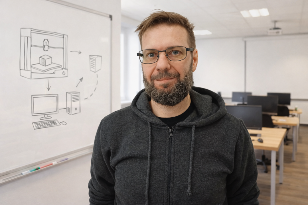 Ein Mann mit dunklen kurzen Haaren, rechteckiger Brille und 10-Tage-Bart vor einem leeren Klassenzimmer. Er lächelt leicht. Links ein Whiteboard mit technischen Zeichnungen. Er trägt einen dunklen Kapuzenpulli. 