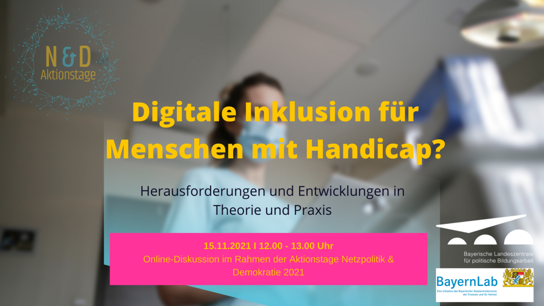 Verschwommenes Foto einer Frau mit Maske in einem Raum. Im Vordergrund steht in gelber Schrift die Frage 