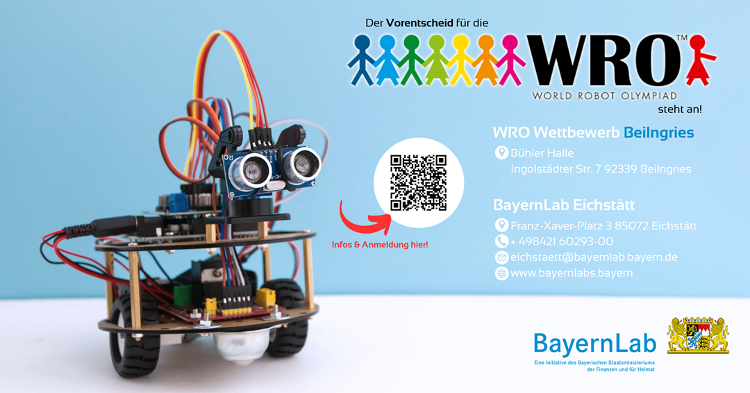 Ein kleiner Fahrroboter auf einem Werbeposter zur World Robot Olympiad 2025